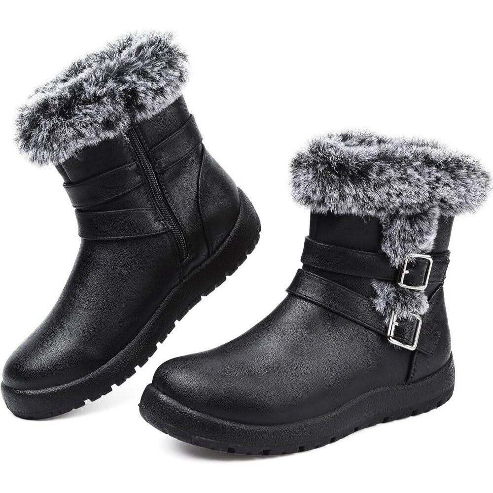Womens Black pu Snow Boots with Zipper Waterproof Leather Fur Lined Warm Ankle